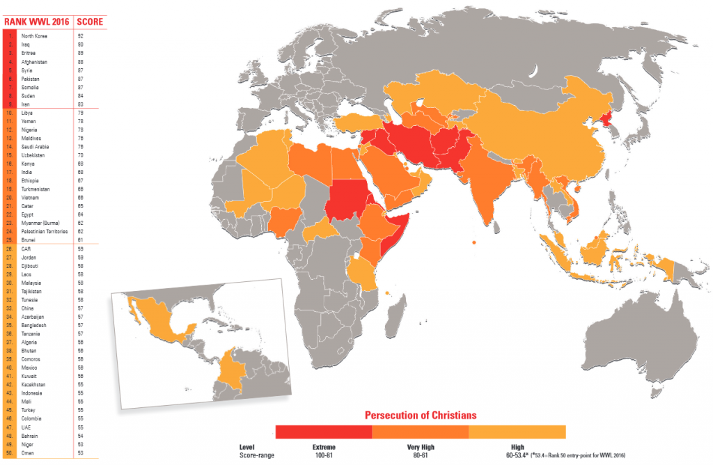 Carte des persécutions de chrétiens dans le monde